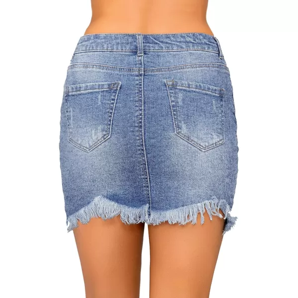 luvamia Womens Casual Mid Waisted Washed Frayed Pockets Denim Jean Short SkirtA1 Bay Blue