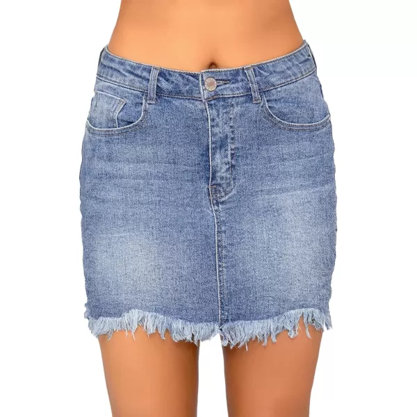 luvamia Womens Casual Mid Waisted Washed Frayed Pockets Denim Jean Short SkirtA1 Bay Blue