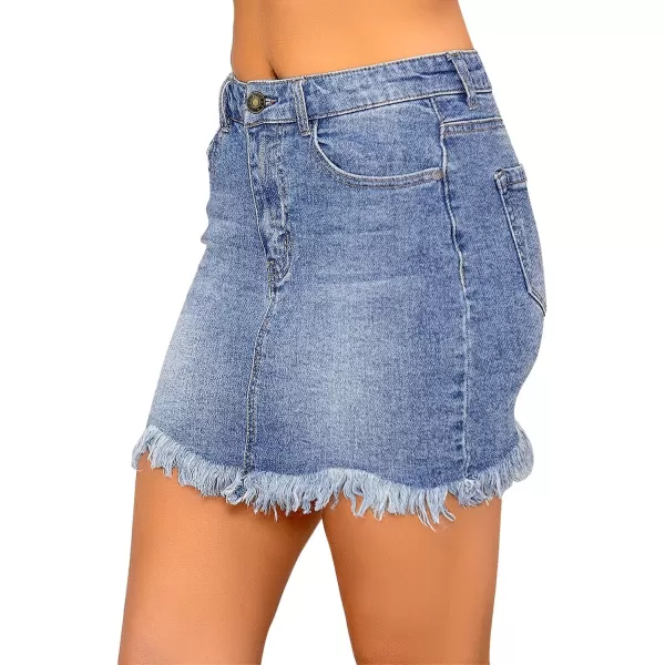 luvamia Womens Casual Mid Waisted Washed Frayed Pockets Denim Jean Short SkirtA1 Bay Blue