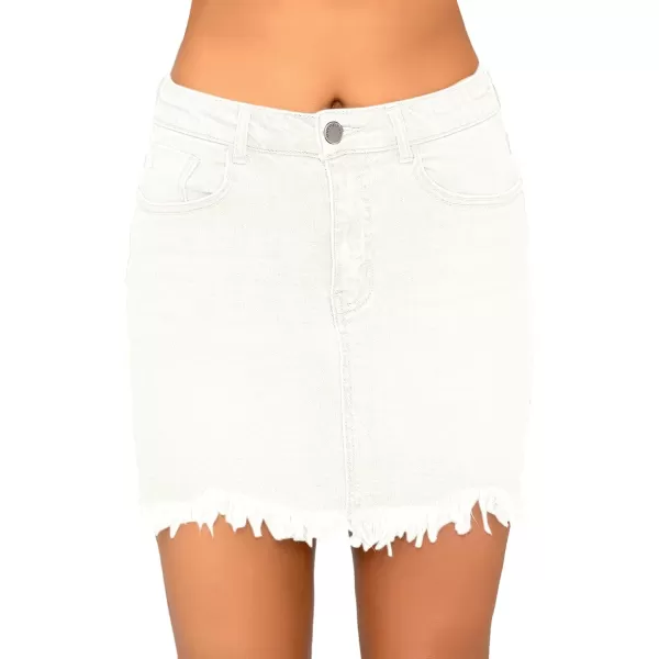 luvamia Womens Casual Mid Waisted Washed Frayed Pockets Denim Jean Short SkirtA1 Brilliant White