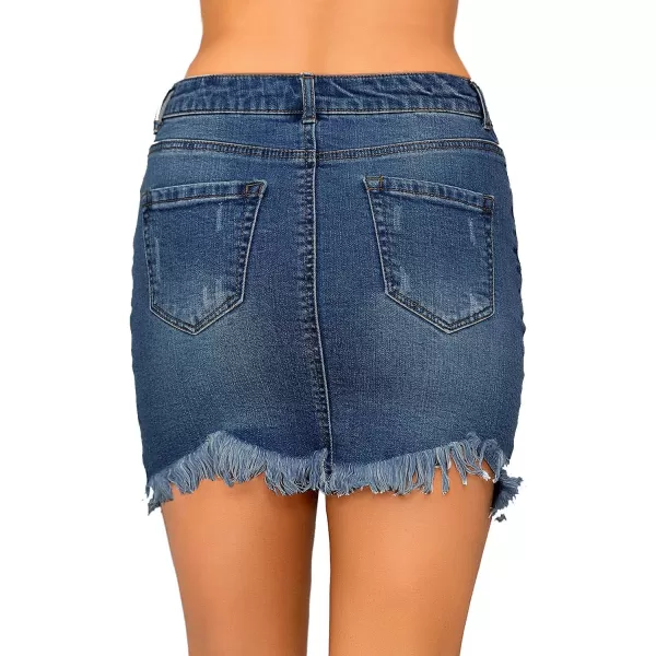 luvamia Womens Casual Mid Waisted Washed Frayed Pockets Denim Jean Short SkirtA1 Dark Atlantic Blue