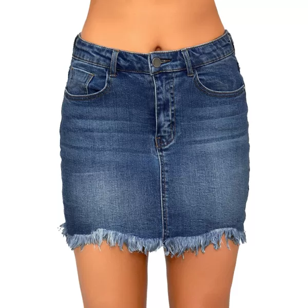 luvamia Womens Casual Mid Waisted Washed Frayed Pockets Denim Jean Short SkirtA1 Dark Atlantic Blue