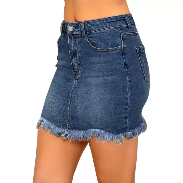 luvamia Womens Casual Mid Waisted Washed Frayed Pockets Denim Jean Short SkirtA1 Dark Atlantic Blue
