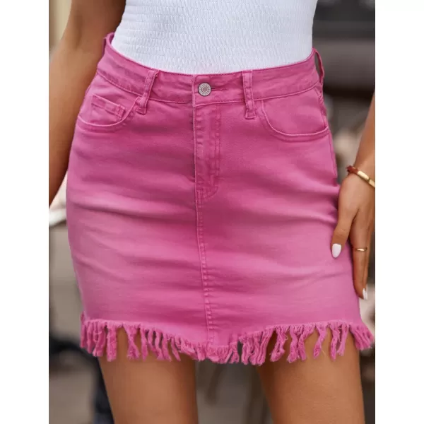 luvamia Womens Casual Mid Waisted Washed Frayed Pockets Denim Jean Short SkirtA1 Hot Pink
