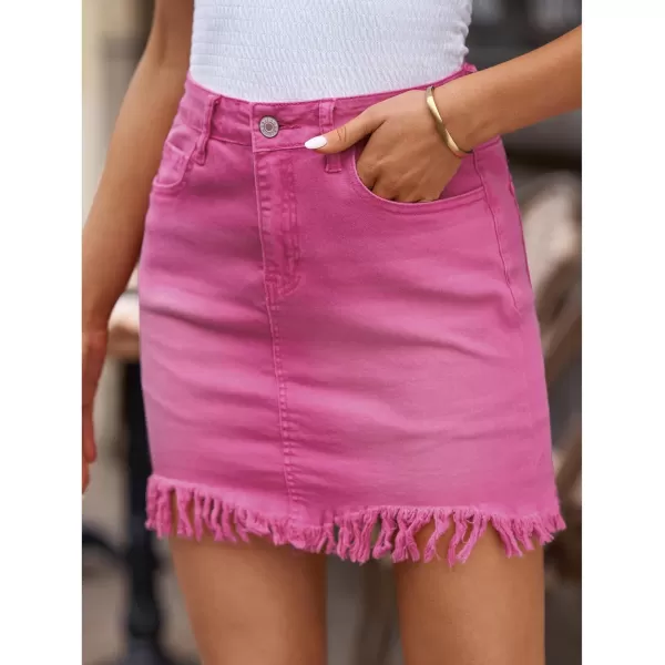 luvamia Womens Casual Mid Waisted Washed Frayed Pockets Denim Jean Short SkirtA1 Hot Pink