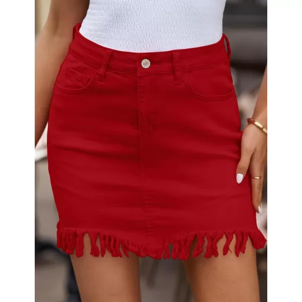 luvamia Womens Casual Mid Waisted Washed Frayed Pockets Denim Jean Short SkirtA1 Red