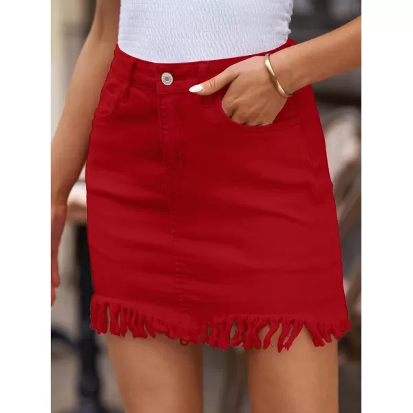 luvamia Womens Casual Mid Waisted Washed Frayed Pockets Denim Jean Short SkirtA1 Red