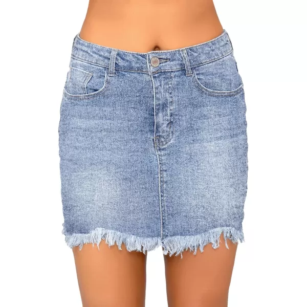 luvamia Womens Casual Mid Waisted Washed Frayed Pockets Denim Jean Short SkirtA1 Roadnight Blue