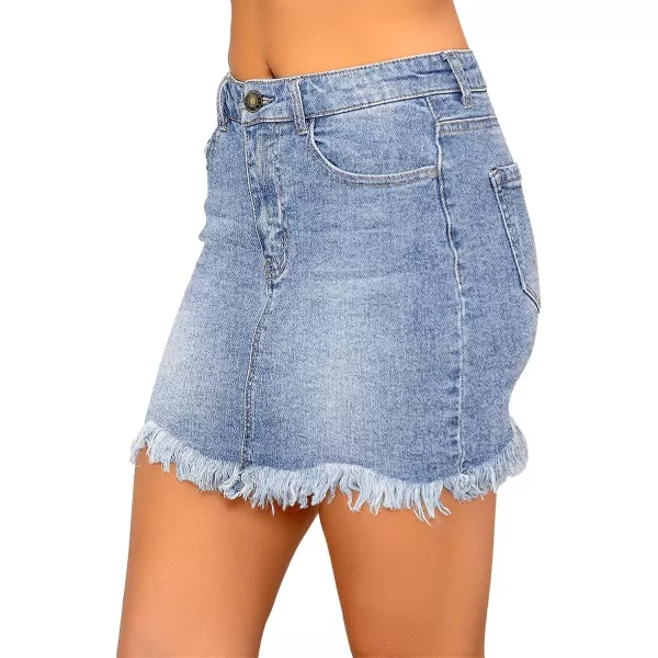 luvamia Womens Casual Mid Waisted Washed Frayed Pockets Denim Jean Short SkirtA1 Roadnight Blue