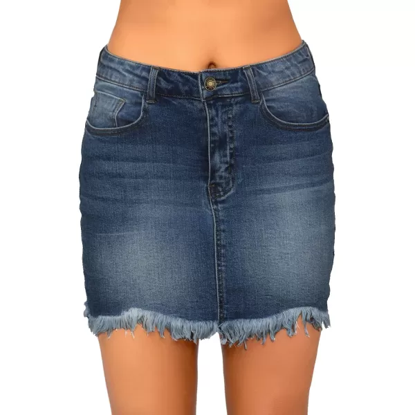 luvamia Womens Casual Mid Waisted Washed Frayed Pockets Denim Jean Short SkirtA1 Twilight Blue