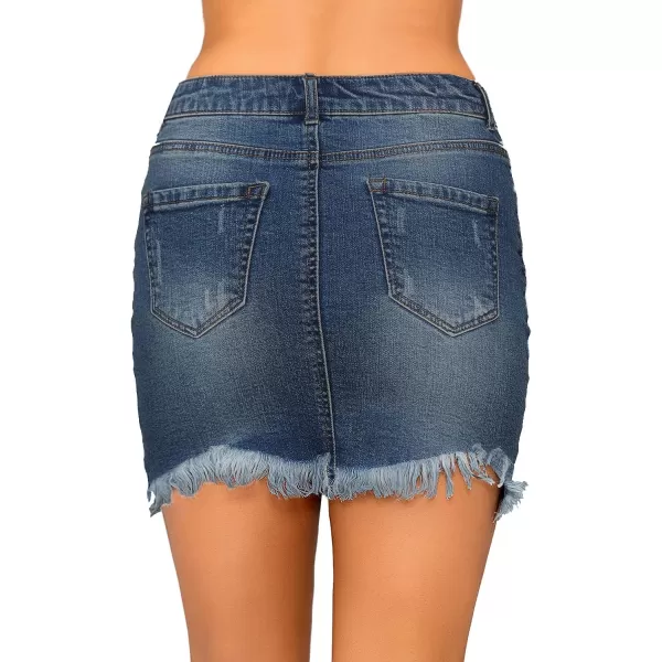 luvamia Womens Casual Mid Waisted Washed Frayed Pockets Denim Jean Short SkirtA1 Twilight Blue