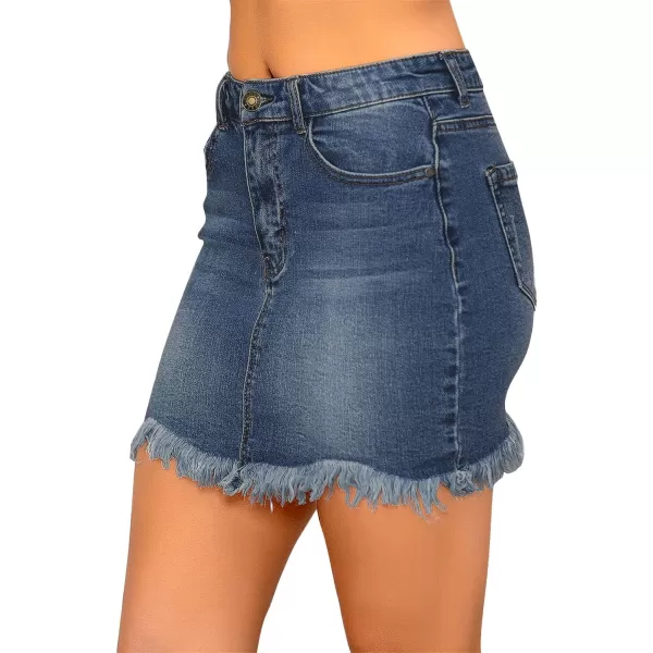 luvamia Womens Casual Mid Waisted Washed Frayed Pockets Denim Jean Short SkirtA1 Twilight Blue