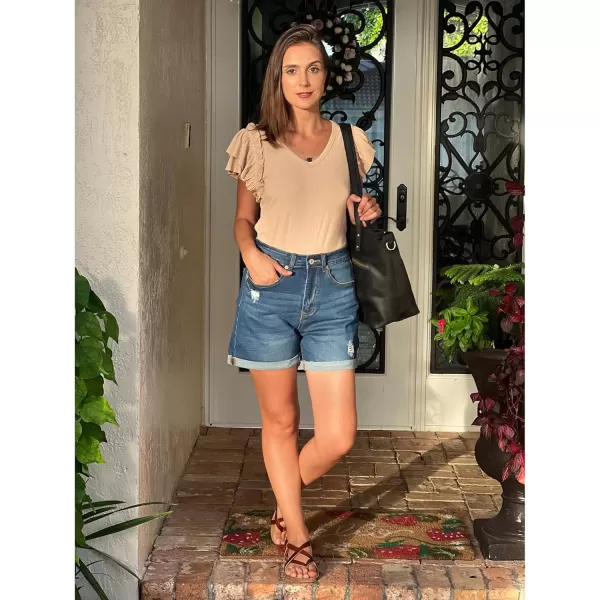 luvamia Womens Casual Ripped Denim Shorts High Rise Distressed Rolled Hem Jeans ShortsA After Dusk Blue