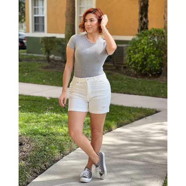 luvamia Womens Casual Ripped Denim Shorts High Rise Distressed Rolled Hem Jeans ShortsA Brilliant White