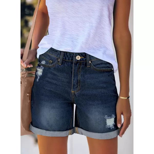 luvamia Womens Casual Ripped Denim Shorts High Rise Distressed Rolled Hem Jeans ShortsA Darkness Blue