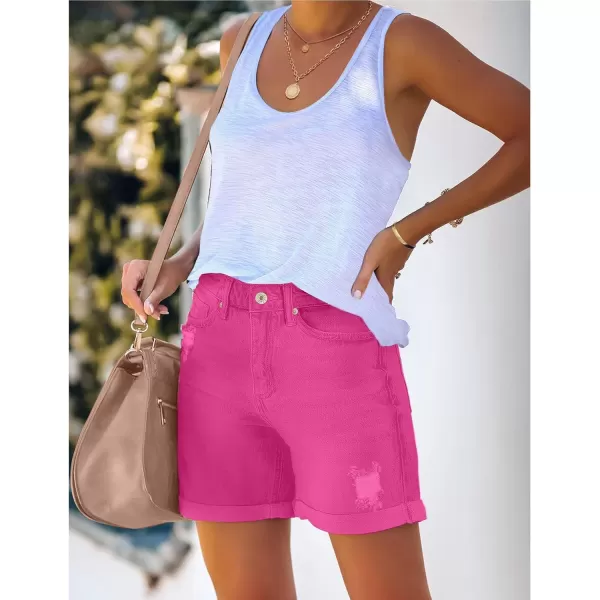 luvamia Womens Casual Ripped Denim Shorts High Rise Distressed Rolled Hem Jeans ShortsA Hot Pink