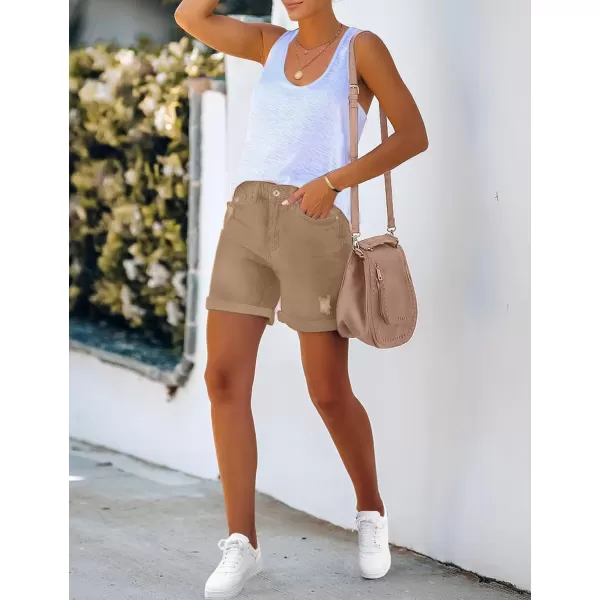 luvamia Womens Casual Ripped Denim Shorts High Rise Distressed Rolled Hem Jeans ShortsA Khaki