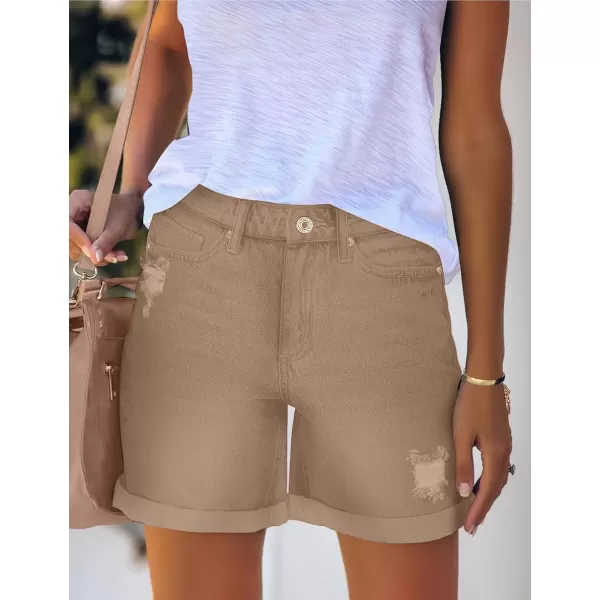 luvamia Womens Casual Ripped Denim Shorts High Rise Distressed Rolled Hem Jeans ShortsA Khaki