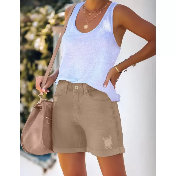 luvamia Womens Casual Ripped Denim Shorts High Rise Distressed Rolled Hem Jeans ShortsA Khaki
