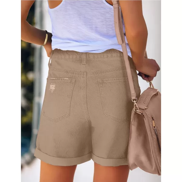 luvamia Womens Casual Ripped Denim Shorts High Rise Distressed Rolled Hem Jeans ShortsA Khaki