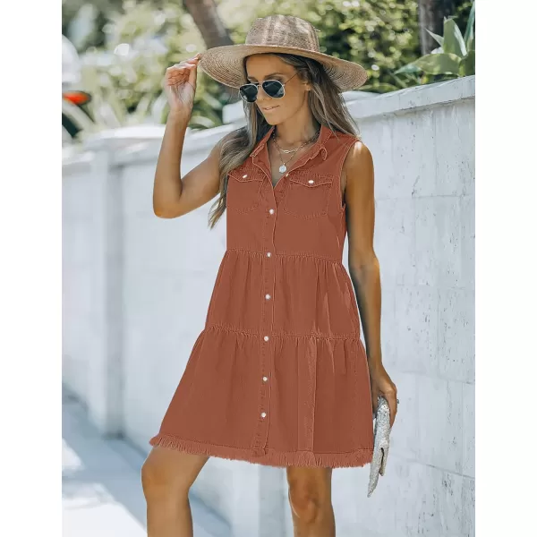 luvamia Womens Casual Summer Lapel Sleeveless Button Down Short Denim Jean DressA Amber Brown