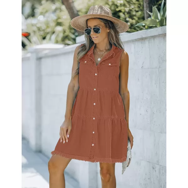 luvamia Womens Casual Summer Lapel Sleeveless Button Down Short Denim Jean DressA Amber Brown