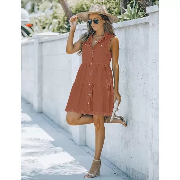 luvamia Womens Casual Summer Lapel Sleeveless Button Down Short Denim Jean DressA Amber Brown