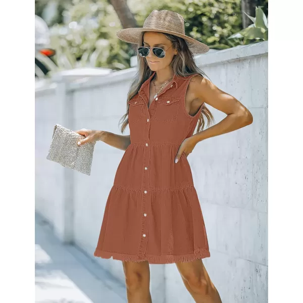 luvamia Womens Casual Summer Lapel Sleeveless Button Down Short Denim Jean DressA Amber Brown