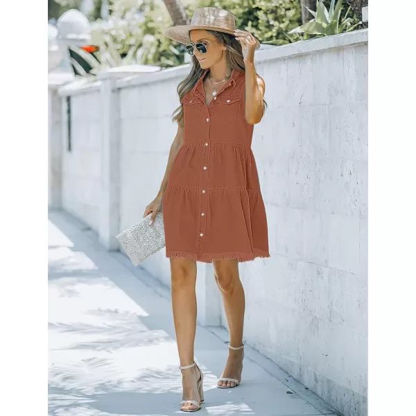 luvamia Womens Casual Summer Lapel Sleeveless Button Down Short Denim Jean DressA Amber Brown