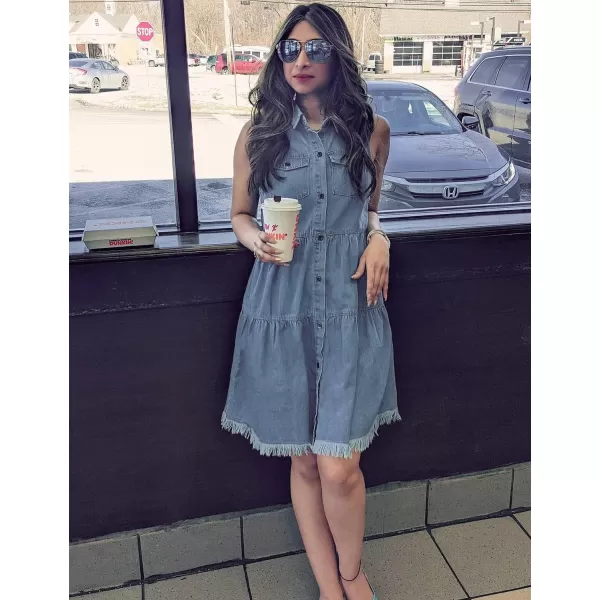 luvamia Womens Casual Summer Lapel Sleeveless Button Down Short Denim Jean DressA Azure Glow