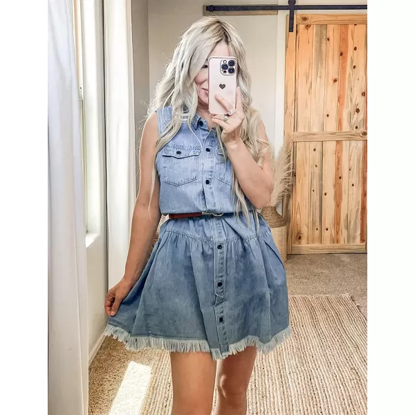 luvamia Womens Casual Summer Lapel Sleeveless Button Down Short Denim Jean DressA Azure Glow