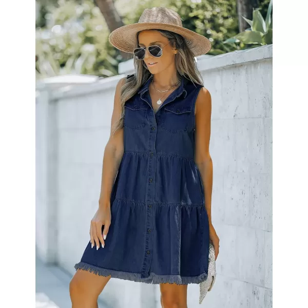 luvamia Womens Casual Summer Lapel Sleeveless Button Down Short Denim Jean DressA Brilliant Blue