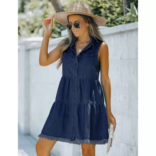 luvamia Womens Casual Summer Lapel Sleeveless Button Down Short Denim Jean DressA Brilliant Blue