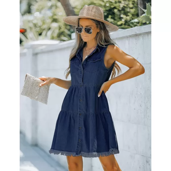 luvamia Womens Casual Summer Lapel Sleeveless Button Down Short Denim Jean DressA Brilliant Blue