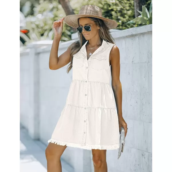 luvamia Womens Casual Summer Lapel Sleeveless Button Down Short Denim Jean DressA Brilliant White