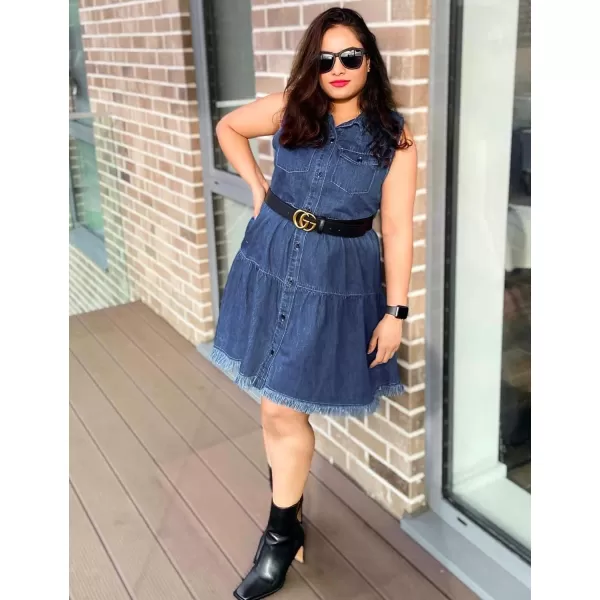 luvamia Womens Casual Summer Lapel Sleeveless Button Down Short Denim Jean DressA Deep Cobalt Blue
