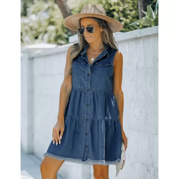 luvamia Womens Casual Summer Lapel Sleeveless Button Down Short Denim Jean DressA Deep Cobalt Blue