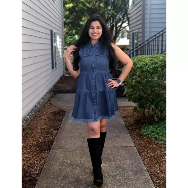 luvamia Womens Casual Summer Lapel Sleeveless Button Down Short Denim Jean DressA Deep Cobalt Blue