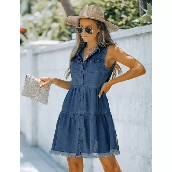luvamia Womens Casual Summer Lapel Sleeveless Button Down Short Denim Jean DressA Deep Cobalt Blue