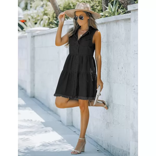 luvamia Womens Casual Summer Lapel Sleeveless Button Down Short Denim Jean DressA Faded Black