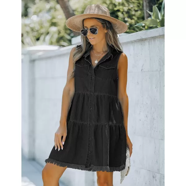 luvamia Womens Casual Summer Lapel Sleeveless Button Down Short Denim Jean DressA Faded Black