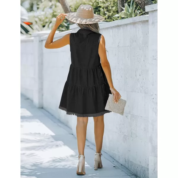 luvamia Womens Casual Summer Lapel Sleeveless Button Down Short Denim Jean DressA Faded Black