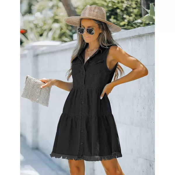 luvamia Womens Casual Summer Lapel Sleeveless Button Down Short Denim Jean DressA Faded Black