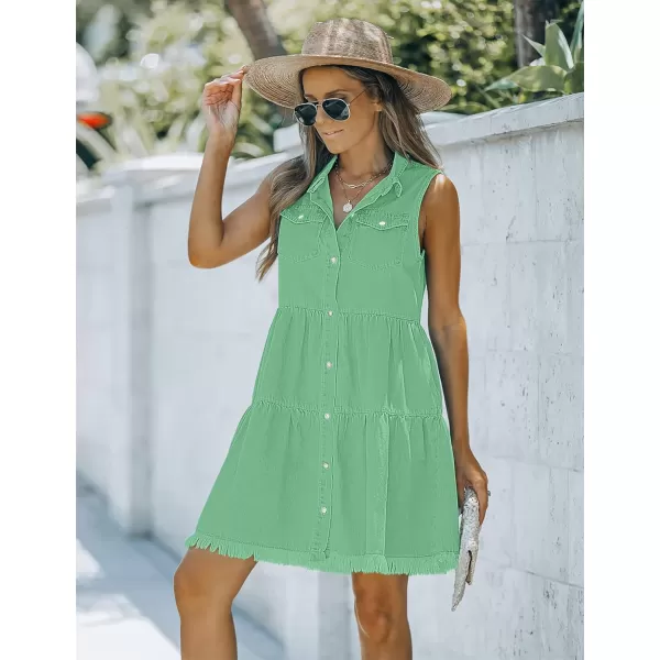 luvamia Womens Casual Summer Lapel Sleeveless Button Down Short Denim Jean DressA Green Ash