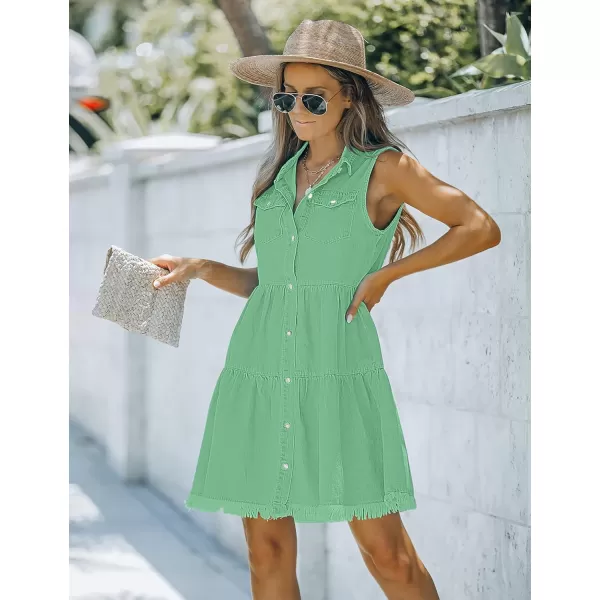 luvamia Womens Casual Summer Lapel Sleeveless Button Down Short Denim Jean DressA Green Ash