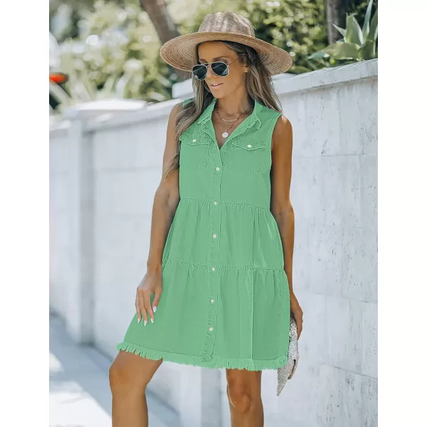 luvamia Womens Casual Summer Lapel Sleeveless Button Down Short Denim Jean DressA Green Ash