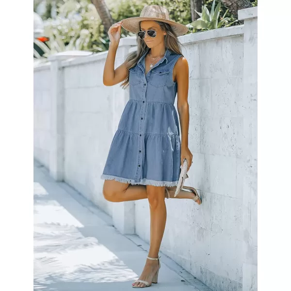 luvamia Womens Casual Summer Lapel Sleeveless Button Down Short Denim Jean DressA Lagoon Blue