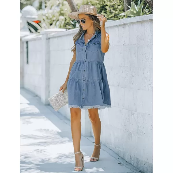luvamia Womens Casual Summer Lapel Sleeveless Button Down Short Denim Jean DressA Lagoon Blue