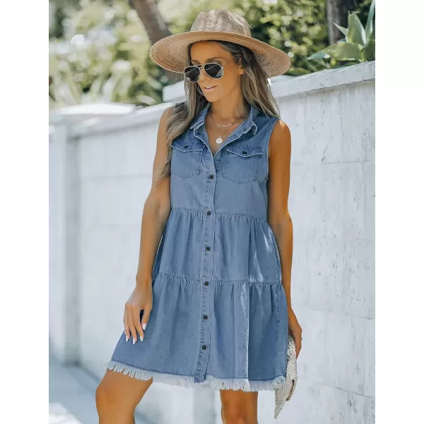 luvamia Womens Casual Summer Lapel Sleeveless Button Down Short Denim Jean DressA Lagoon Blue