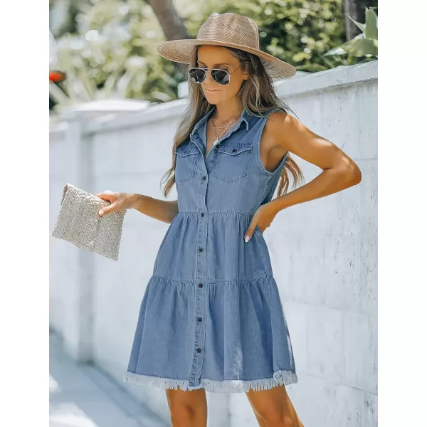 luvamia Womens Casual Summer Lapel Sleeveless Button Down Short Denim Jean DressA Lagoon Blue